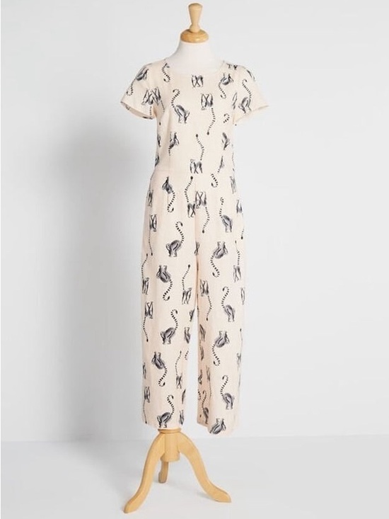 Modcloth Pants - ModCloth Cream Jumpsuit with Black Lemur Print